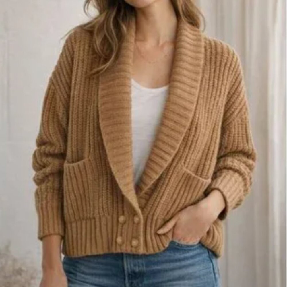Anthropologie Tan Ribbed Shawl-Collar Cardigan